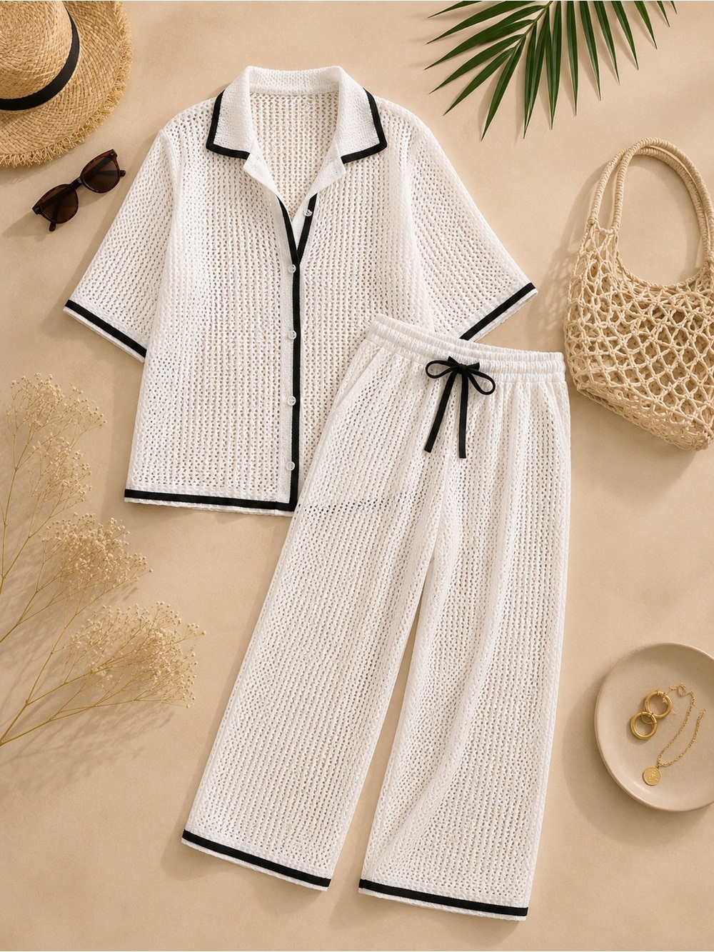Women’s White Knit Two-Piece Lounge Set with Black Trim